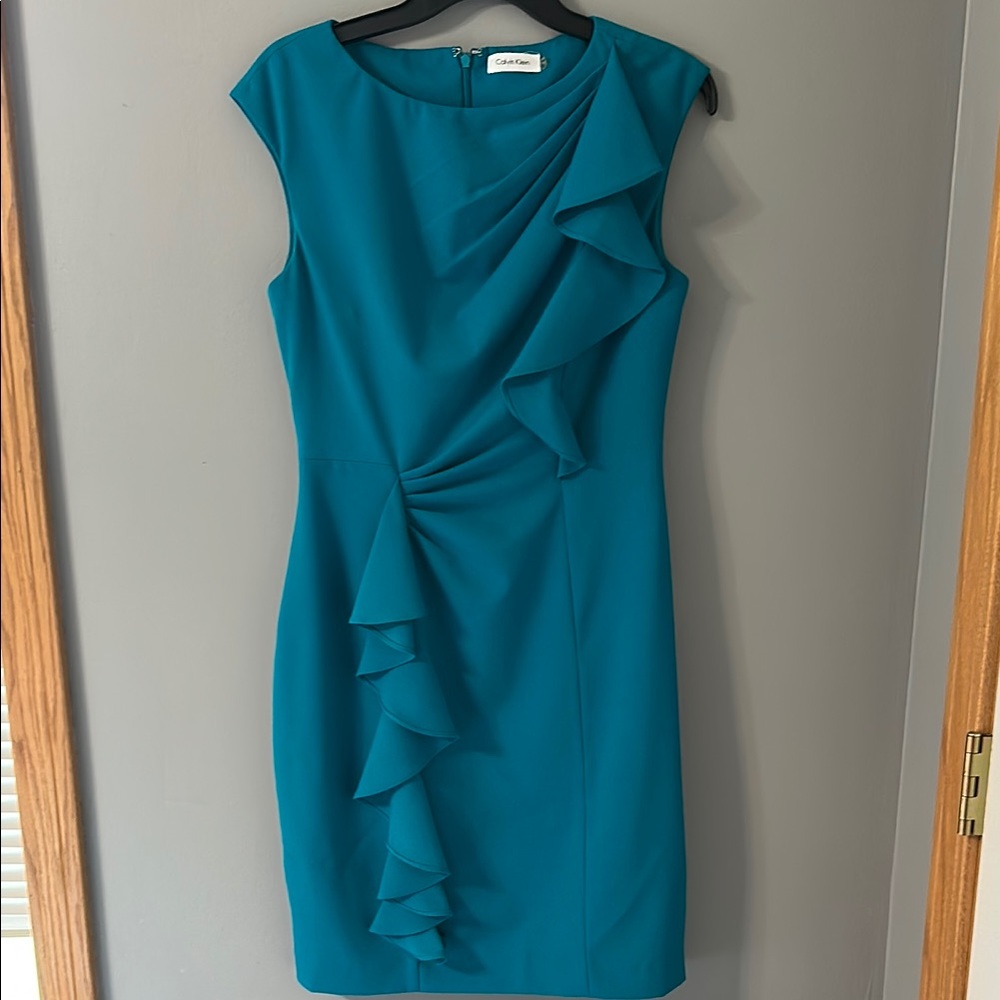 Calvin Klein Blue Asymmetrical Ruffled Sheath Dress